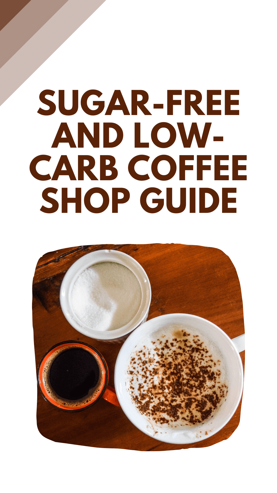 Text: Sugar-free and low-carb coffee shop guide. Image: Coffee and sugar.