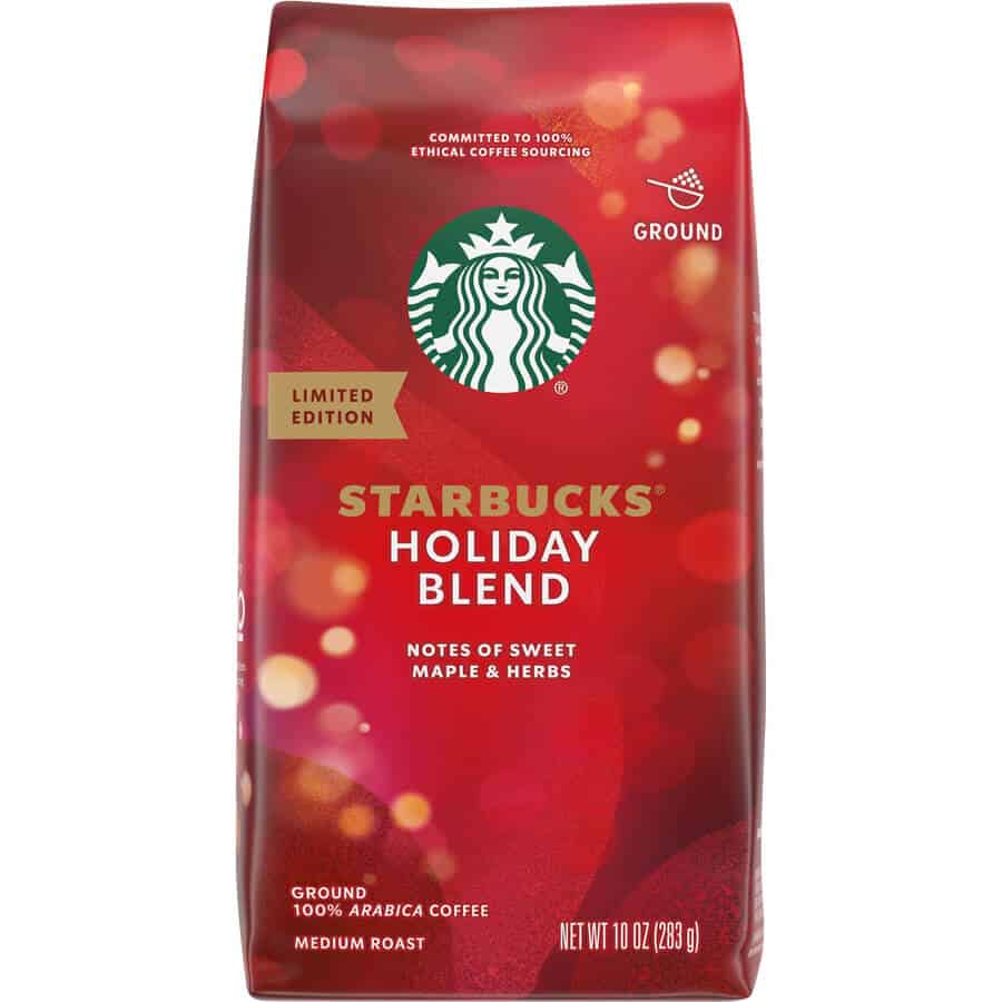Bag of Starbucks Holiday Blend ground coffee.