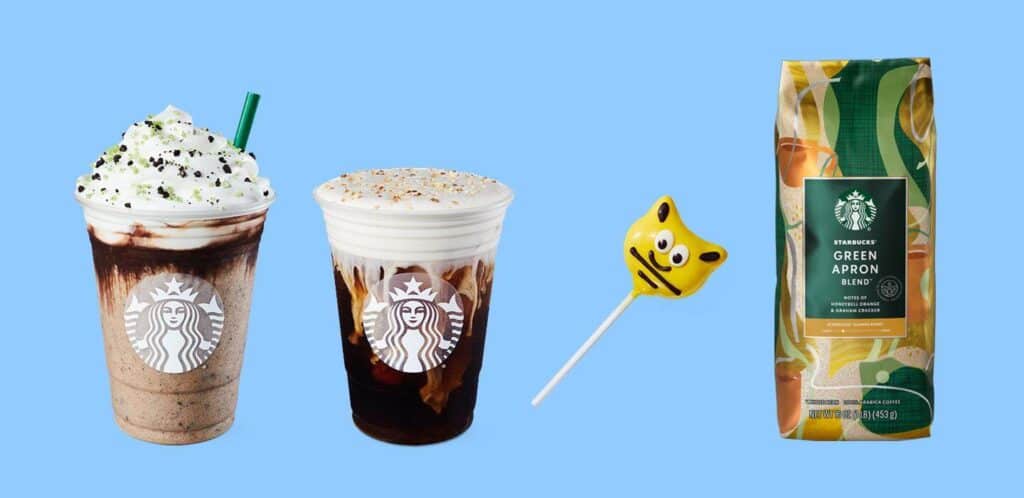 Starbucks summer 2023 featured items including the bumblebee cake pop and the White Chocolate Macadamia Cream Cold Brew.